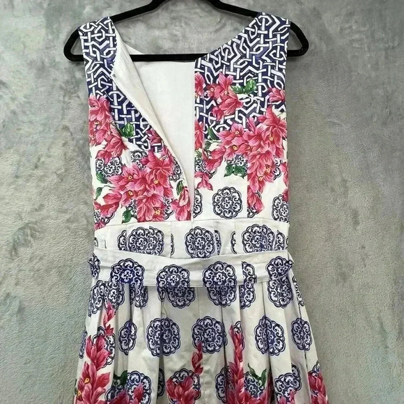 Talbot Mosaic Floral Sateen Fit & Flare Pink Blue Pleated Dress Knee Length Sz 8 - Picture 12 of 16